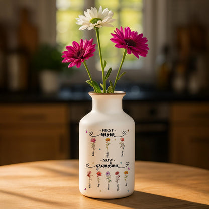 First Mom Now Grandma Flower Vase, Personalized Ceramic Vase with Birth Flowers, Custom Family Gift, Grandma Birthday Gift
