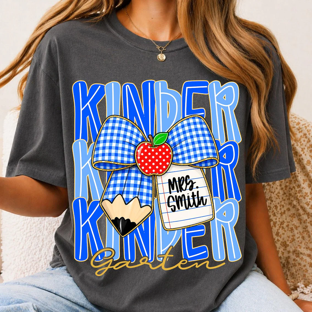 Preppy Back To School, Blue Gingham Pencil Bow, Custom Teacher Team, Pre-K To Fourth Grade Team