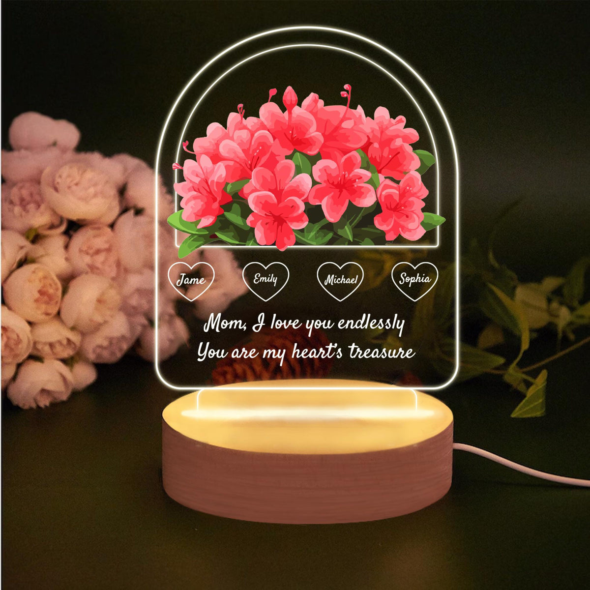 Flower Basket For Mom - Personalized 3D LED Light Wooden Base - Gift For Mom, Mother's Day Gift