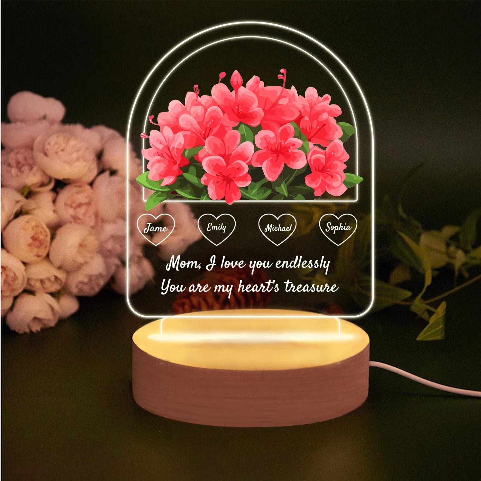 Flower Basket For Mom - Personalized 3D LED Light Wooden Base - Gift For Mom, Mother's Day Gift