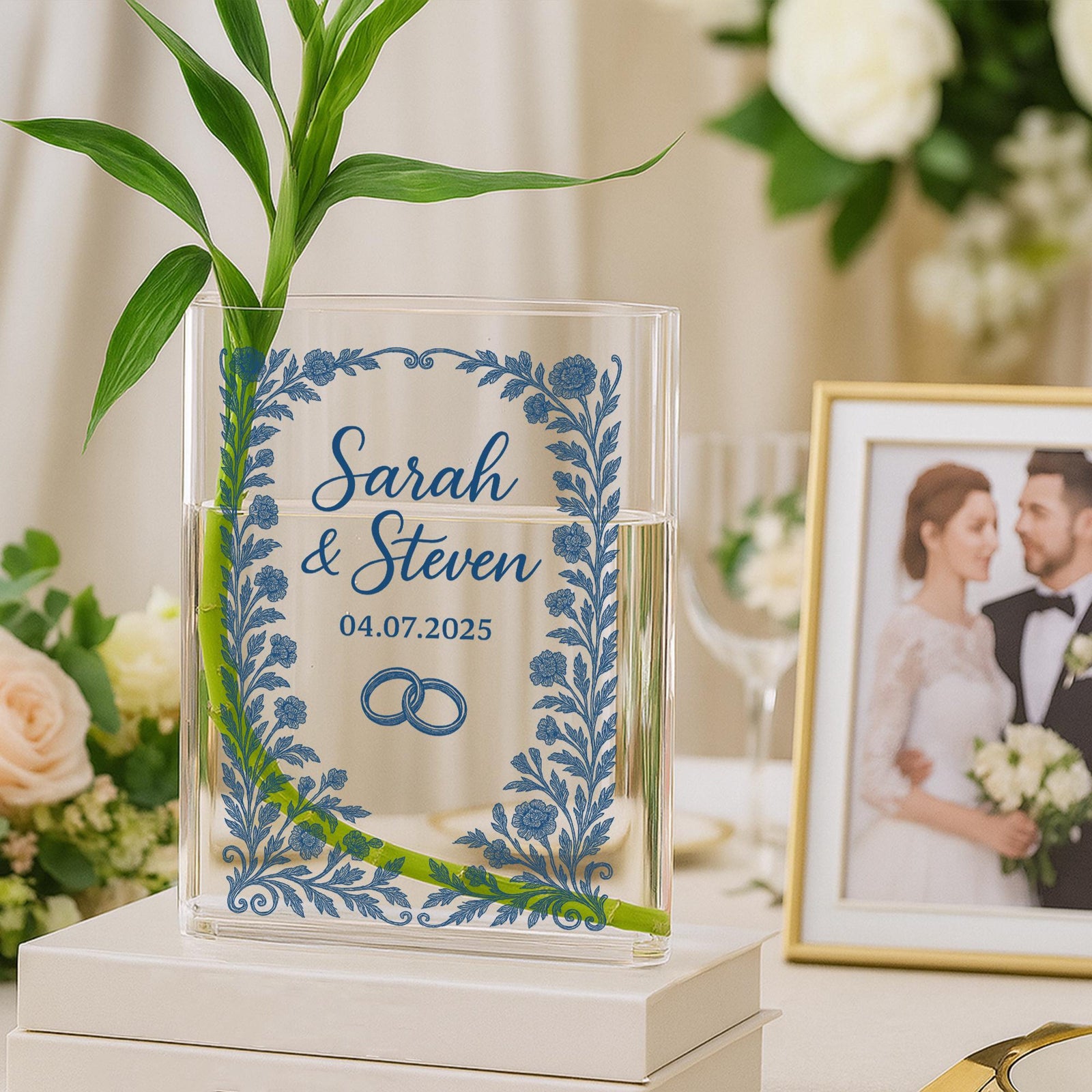 Personalized Wedding Vase with Names & Date - Custom Floral Chinoiserie Vase for Couple Gift, Anniversary, Centerpiece, or Keepsake