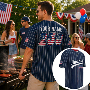 Personalized USA 250th Baseball Jersey, Red White and Blue, Custom Patriotic Shirt, Independence Day Apparel, 4th of July