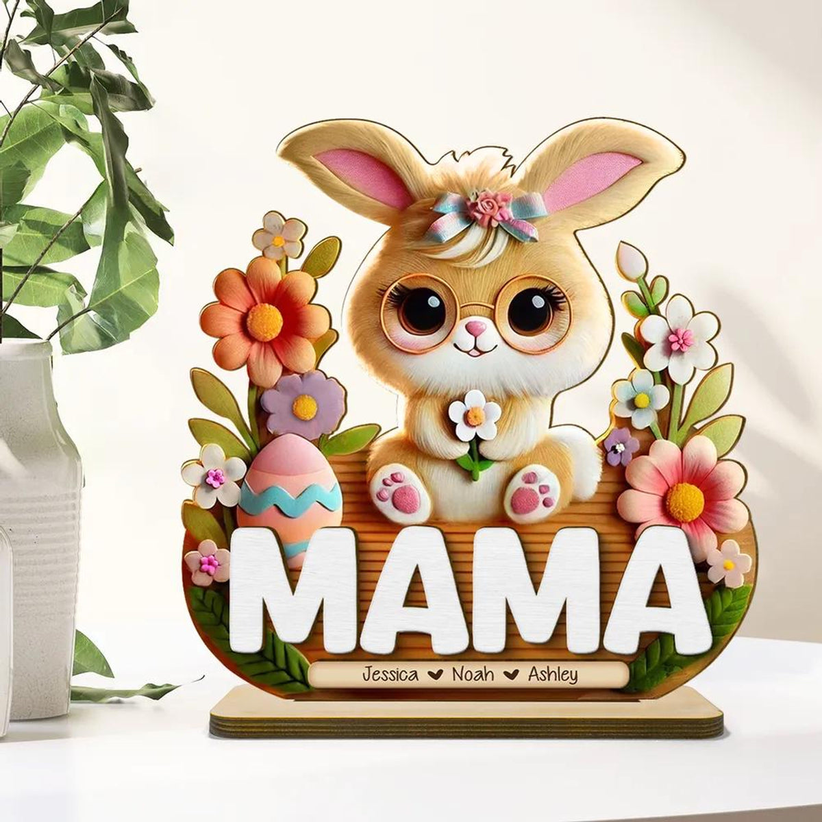Mom Grandma's Easter Magic With Cute Bunny Engraved Standing Wooden Plaque, Heartfelt Personalized Gift For Mom, For Grandma