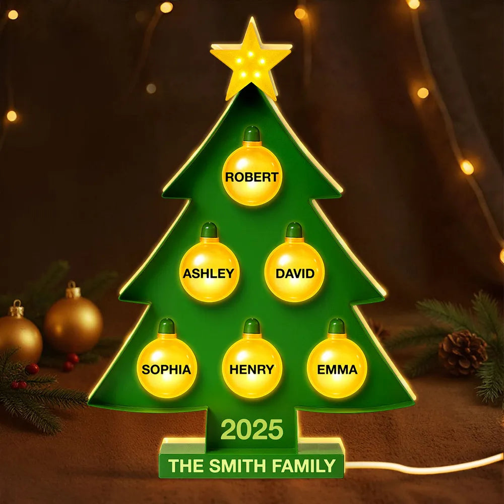 Family Christmas Tree With Light Bulbs - Personalized Light Box - Gift For Family, Christmas Home Decoration