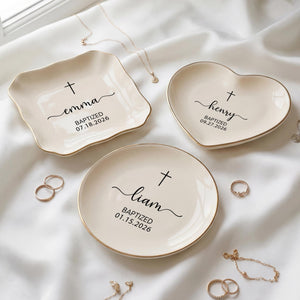 Personalized Baptism Keepsake for Her | Custom Cross Jewelry Dish| Religious Baby Gift Christening Favor