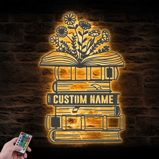 Custom Librarian Book Reading Metal Wall Art LED Light, Personalized Reader Name Sign Home Decor, Read More Books Nerd Decoration Book Lover