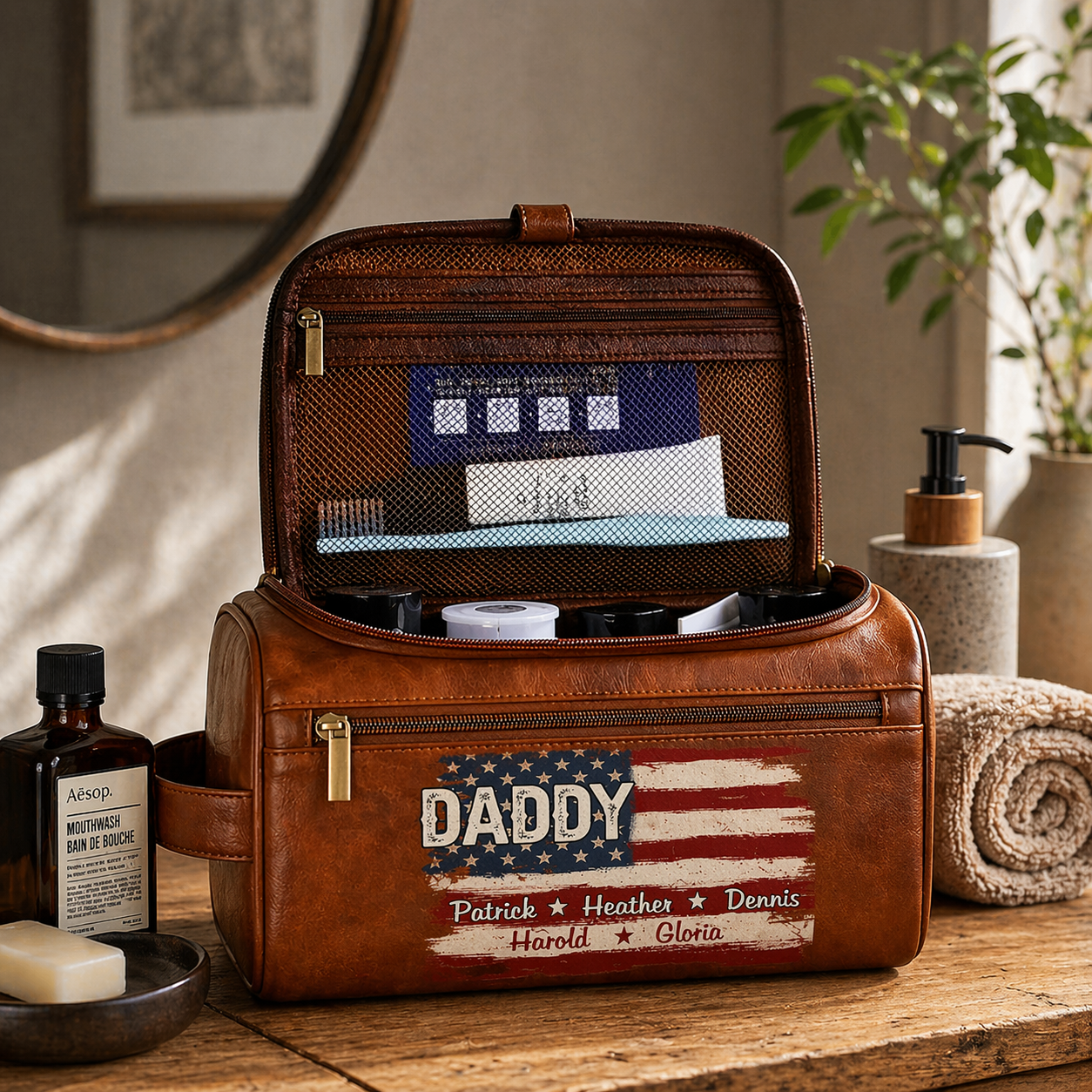 Proud To Be American Dad - Personalized Leather Toiletry Bag - Gift For Father, Gift For Grandpa, Father's Day Gift
