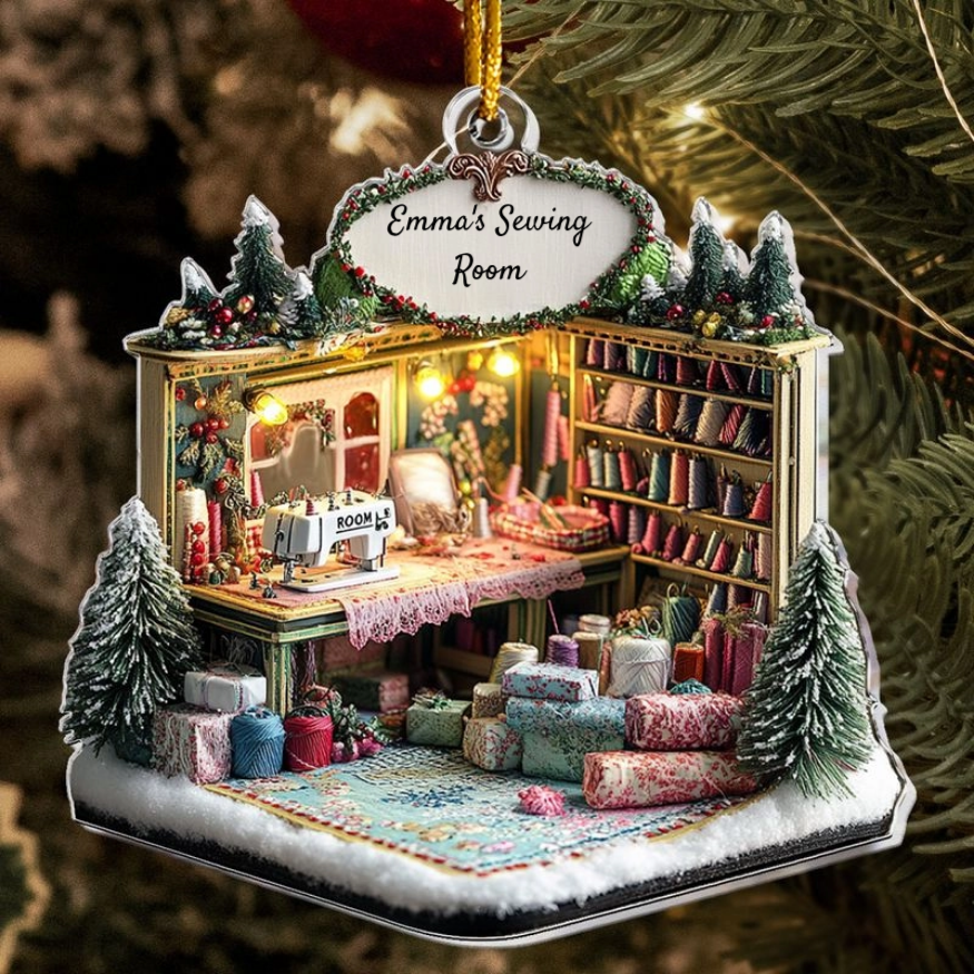 Her Sewing Room, Embroidery Room, Personalized Acrylic Christmas Ornament, Gift For Sewing Lovers