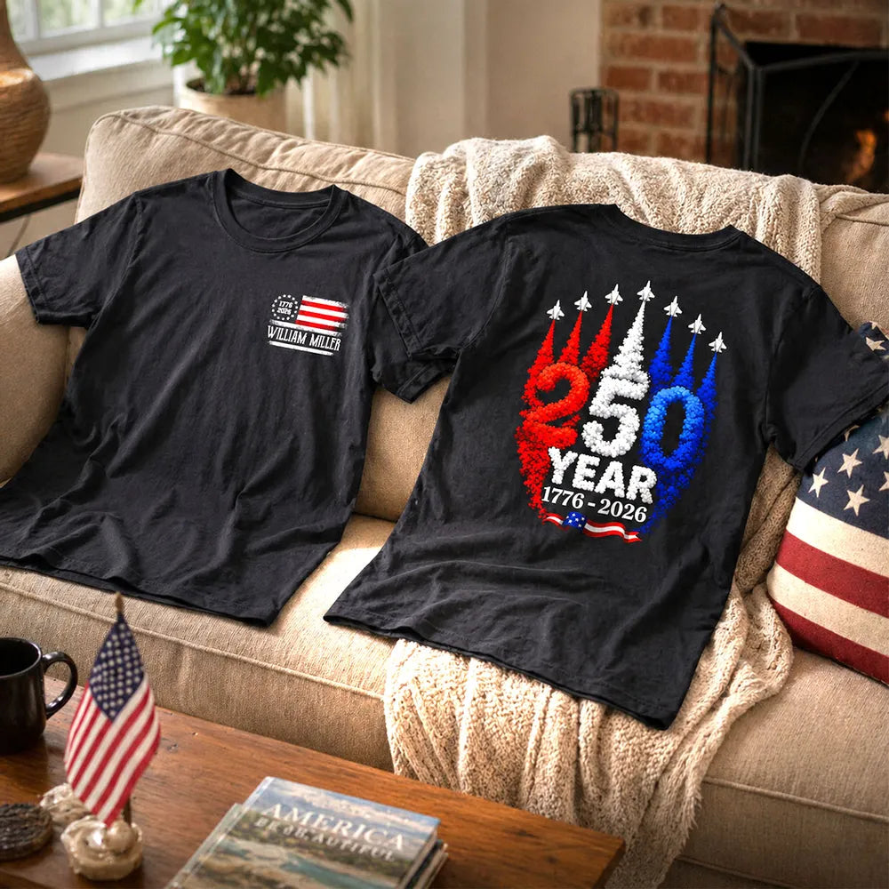250 Years American Flag Red White Blue Jet Smoke Custom Name - Personalized Shirt - United States 250th Anniversary USA Patriotic