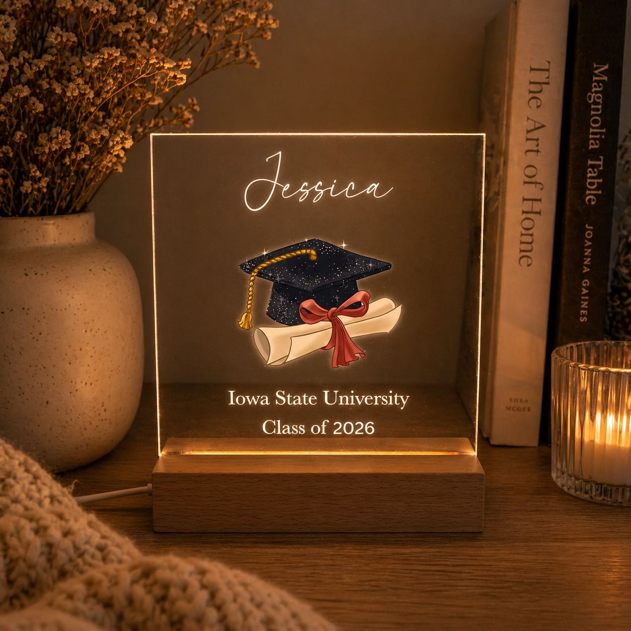 Personalized Light Wood Base LED Desk Stand Custom Graduation Cap Tassel Diploma Degree Grad Class of 2026 High School College Graduate Gift