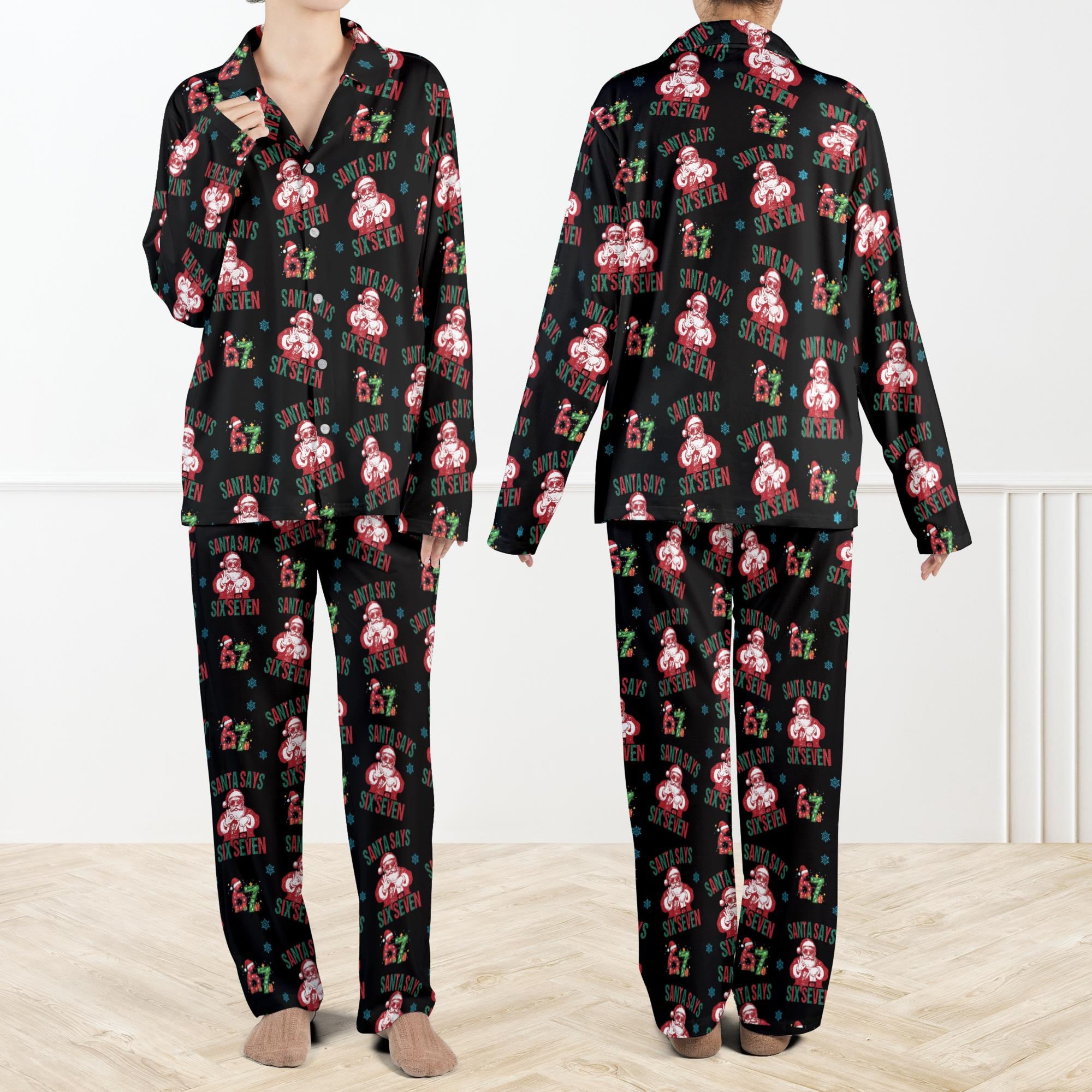 Santa Says Six Seven Meme Christmas Contrast Pajamas Set For Women And Kids, Funny Christmas PJs