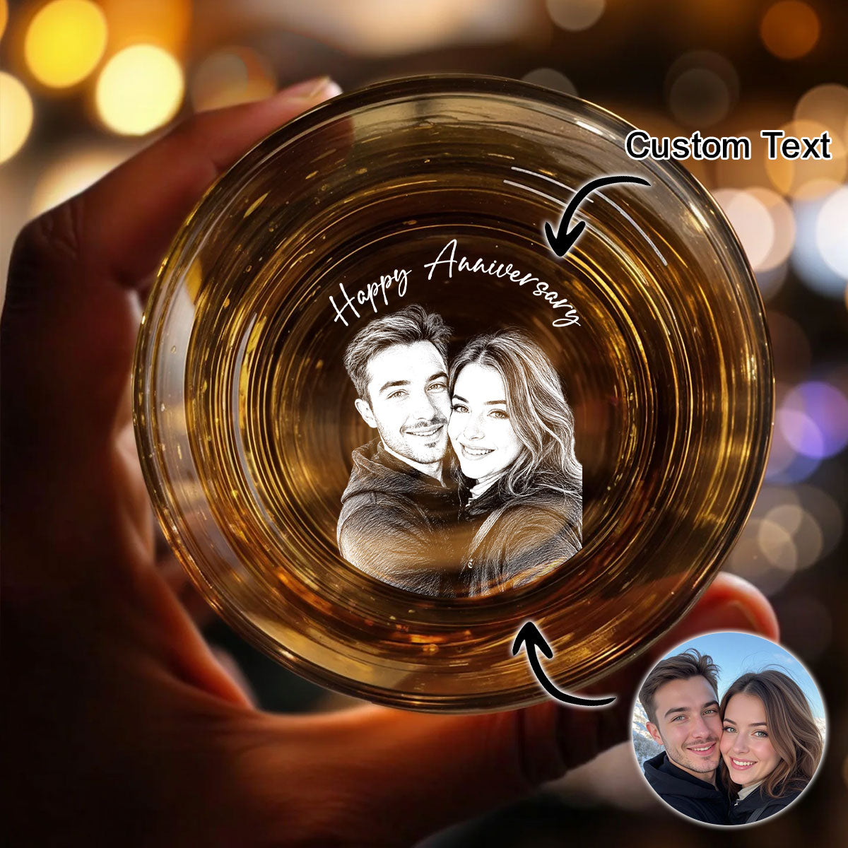 Custom Photo Pencil Sketch Anniversary Couple Portrait - Personalized Engraved Whiskey Glass