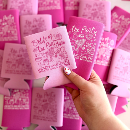 Wife of the Party Bachelorette Favors - Custom Can Coolers for Bridal Party - Bachelorette Decorations - Personalized Can Sleeve - Bach Gift