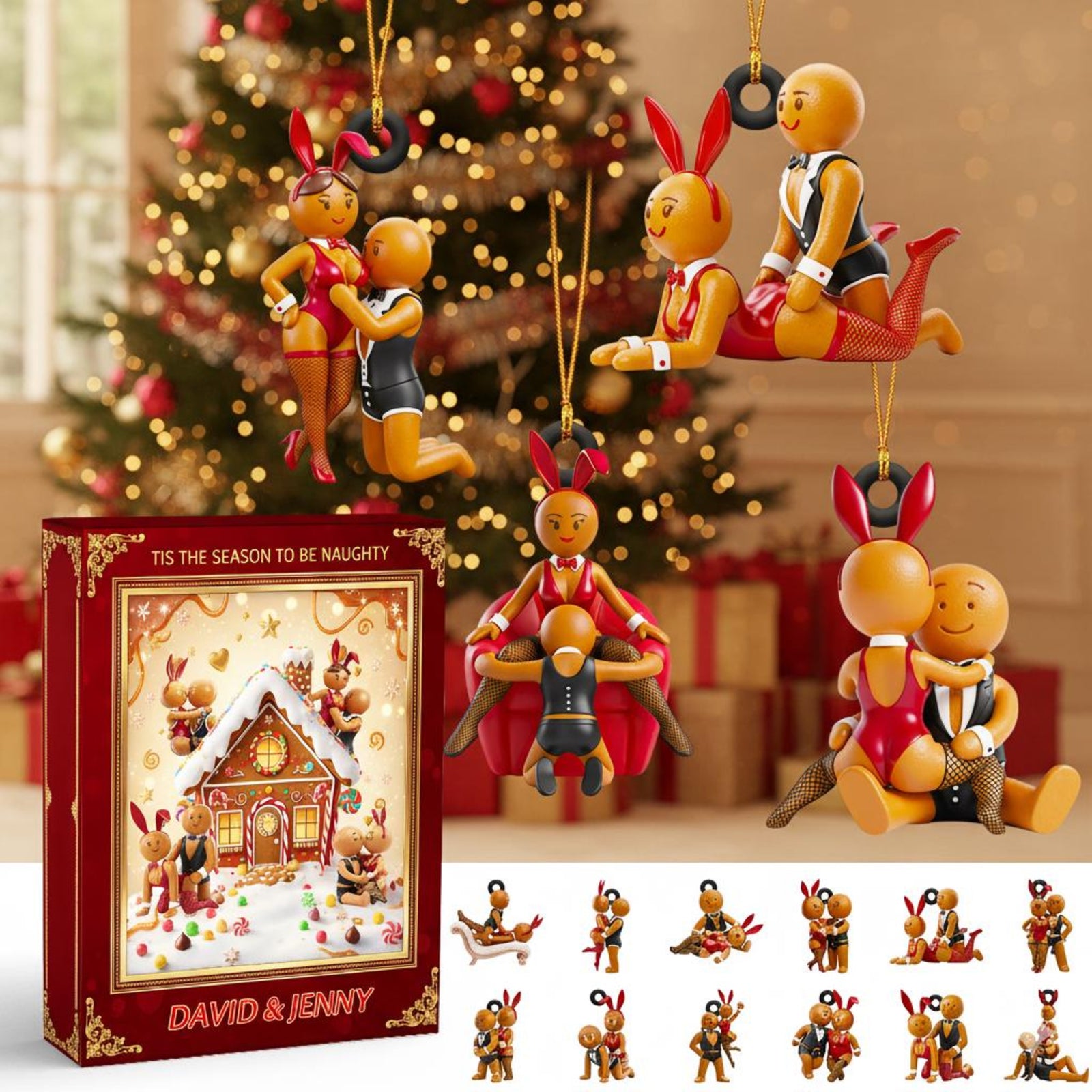 Personalized Naughty Gingerbread Advent Calendar 2025, 24 Days of Spicy Couples Ornaments, Funny Adult Christmas Gift Box for Lovers