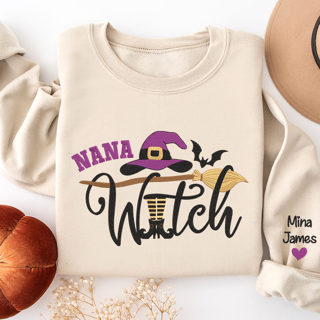 Nana Witch Sweatshirt, Custom Grandma & Kids Halloween Gifts, Gift For Grandma Embroidered Sweatshirt