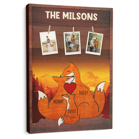 Fox Family Puzzle Style, Custom Family Name - Personalized Canvas - Gift For Dad, Father's Day, Birthday Gift