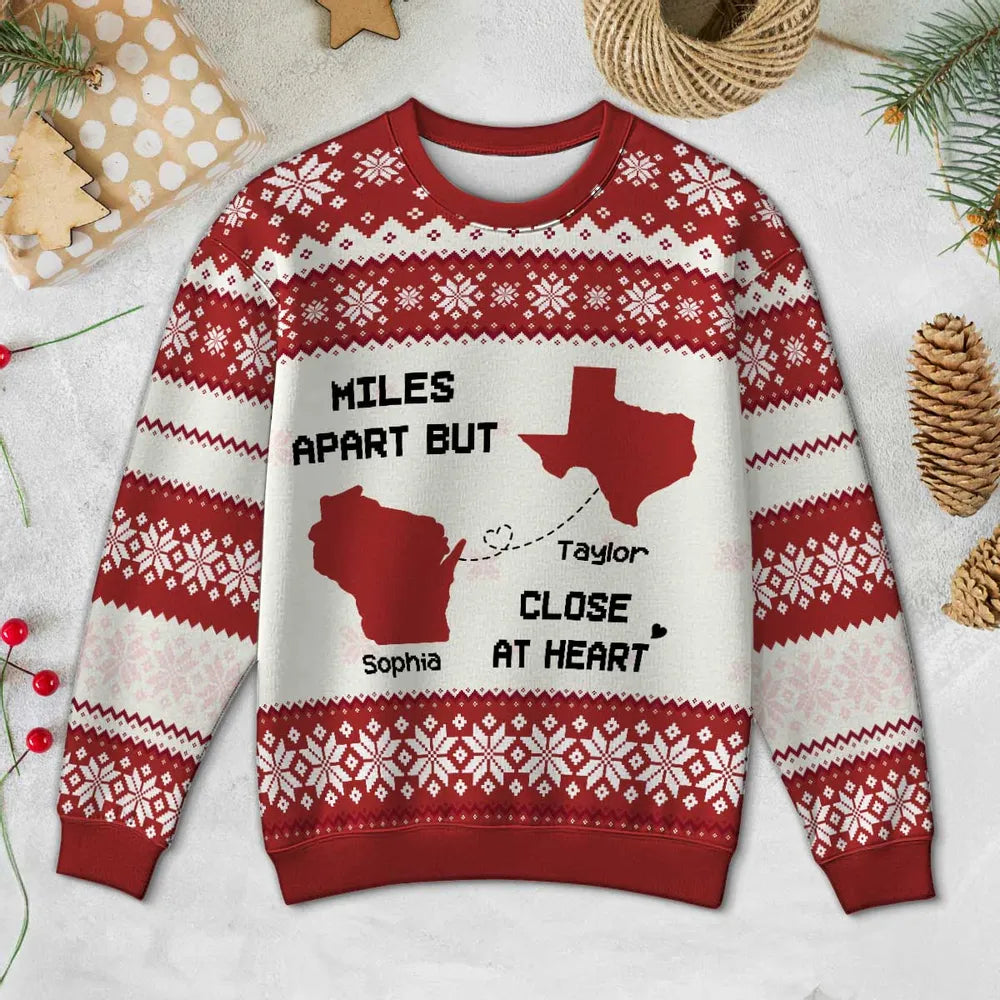 Long Distance State Map Funny Gift For Couple, Family & Friends Personalized Faux Knitting Ugly Sweater