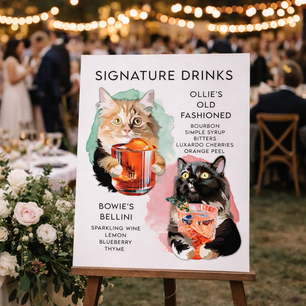 Pet signature drink sign, wedding bar drink cat, signature cocktail wedding, dog cocktail bar menu sign