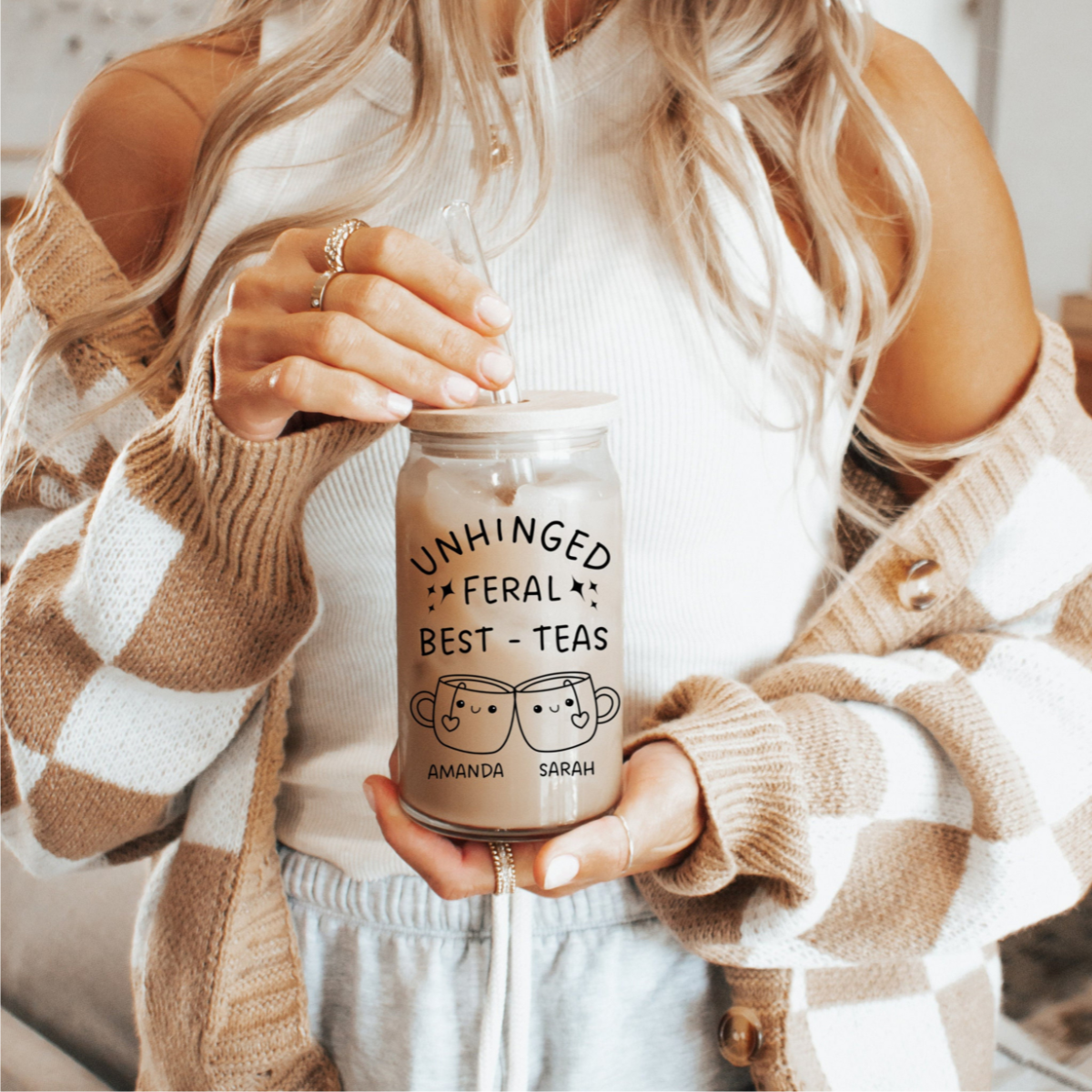 Unhinged Feral Best-tea Gift Ice Coffee Glass Tumbler, Funny Best Friends Birthday Gift, Personalized Bestie Gift