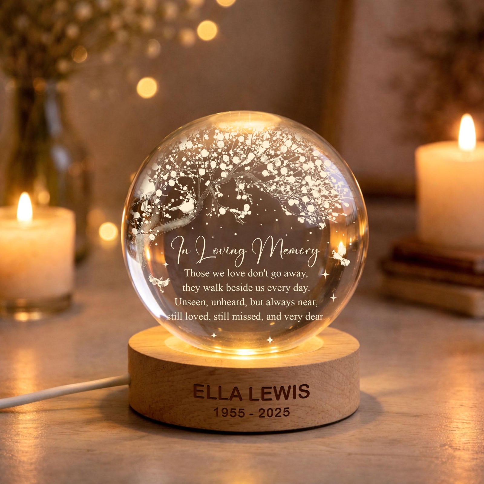 Custom Memorial Crystal Ball LED Light Lamp Mom Loss Gifts, Dad Remembrance, Loss of Father Gift, Sympathy Keepsake