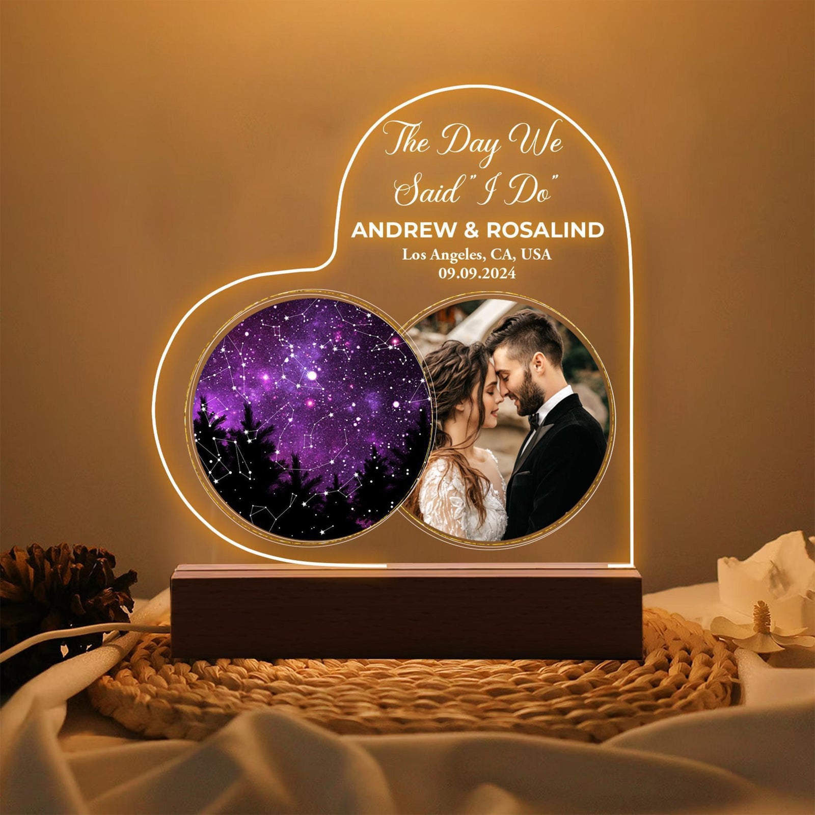 Photo & Star Map on Night Light, Personalized Constellation Map, Custom Desk Name Plate, Gift For Couples
