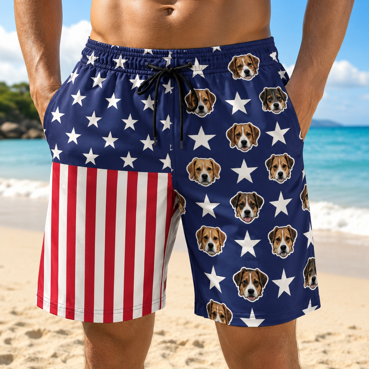 Custom Photo USA Flag Swim Trunks, Personalized Face Swim Shorts, 4th of July Beach Shorts for Husband, Gift for Him