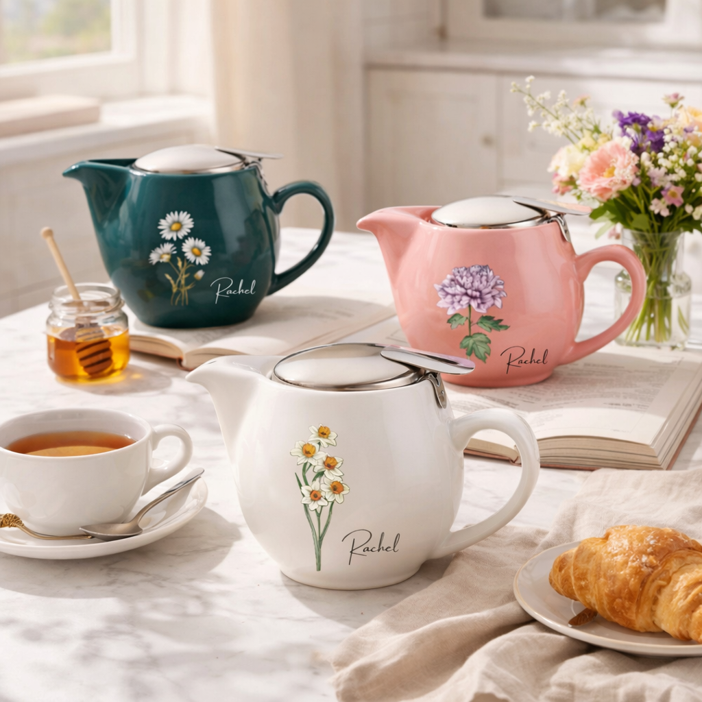 Personalized Ceramic Birth Flower Teapot, Custom Name Ceramic Tea Pot, Floral Teapot, Tea Lover Gift, Afternoon Tea Party, Gift For Her, Mother's Day Gift