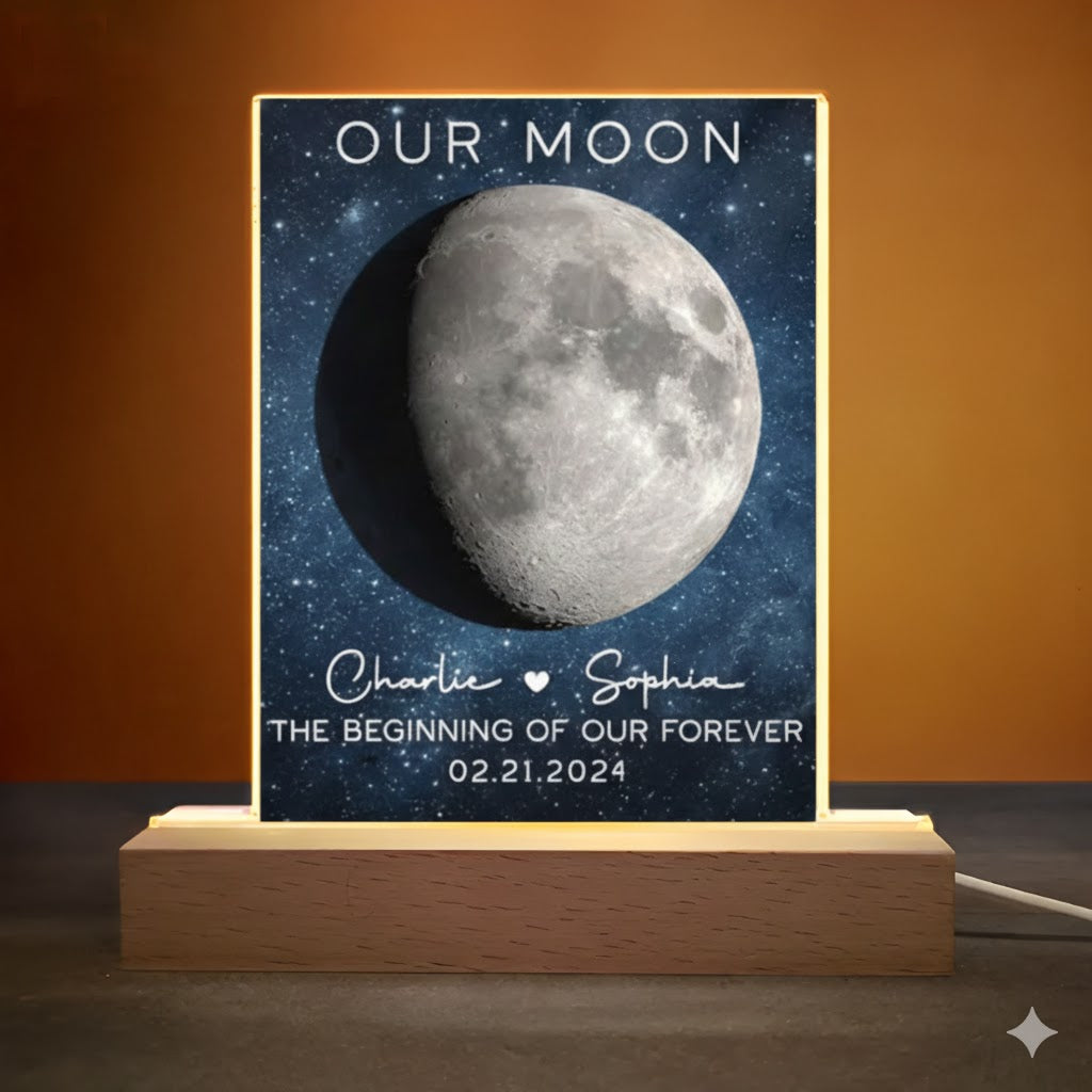 Our Moon Couple Moon Phase - Personalized 3D LED Light Wooden Base - Anniversary Gift For Him Gift For Her