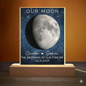 Our Moon Couple Moon Phase - Personalized 3D LED Light Wooden Base - Anniversary Gift For Him Gift For Her