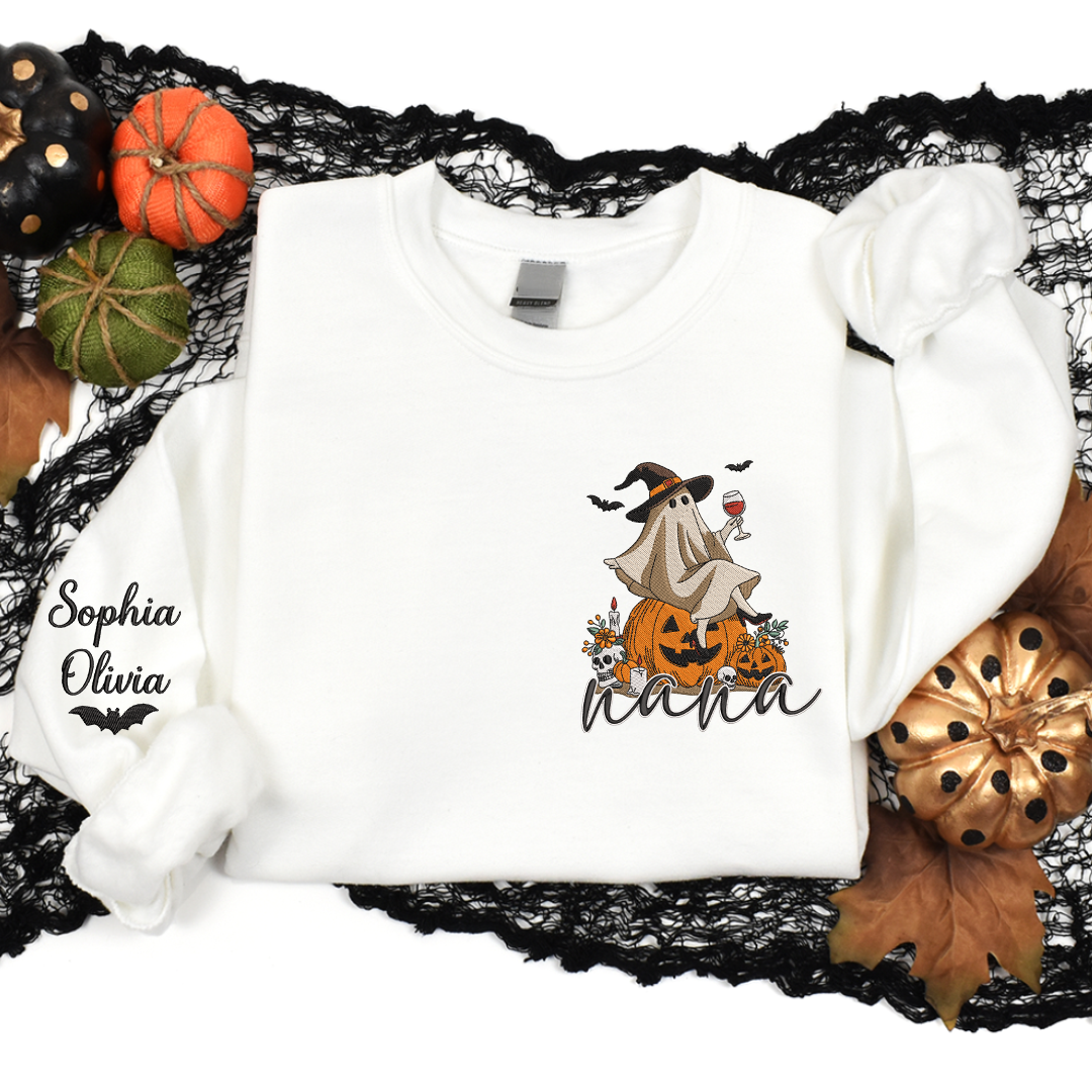 Embroidery Halloween Ghost Wine Witch Hat Pumpkin Fall Gift Grandma And Kids