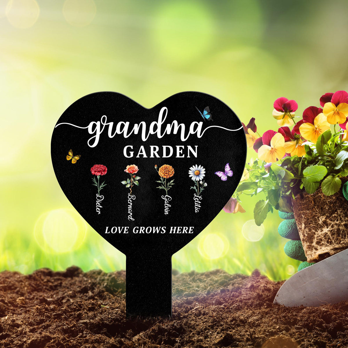 Personalized Grandma Garden Sign, Metal Flower Garden Stake with Grandkids' Names, Heart Shaped Yard Decor, Nana's Blessings