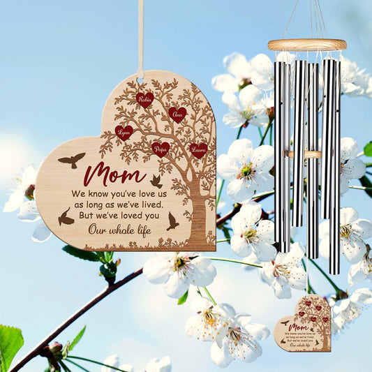 Personalized Mom Wind Chime, Custom Kid Name Sign, Heart Keepsake, Wood Wind Chime, Gift for Grandma, Mother's Day Gift, Home Decor