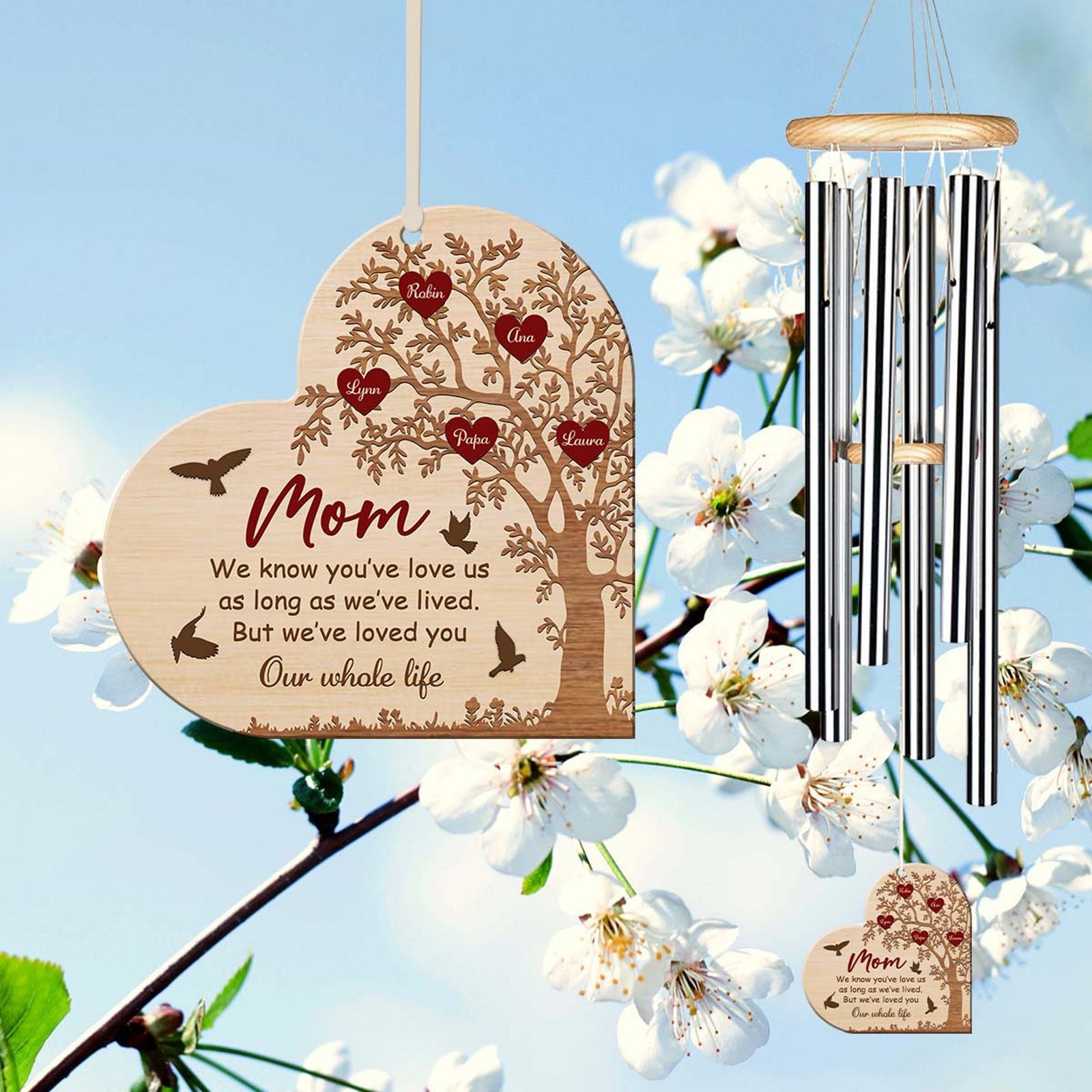 Personalized Mom Wind Chime, Custom Kid Name Sign, Heart Keepsake, Wood Wind Chime, Gift for Grandma, Mother's Day Gift, Home Decor