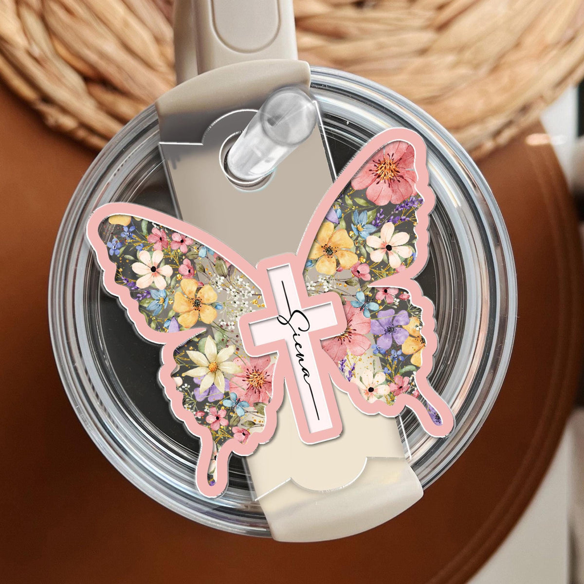 Personalized Butterfly Cross Christian Tumbler Name Tag, Christian Girls Tumbler Tag, Faith Cross Lid Tag