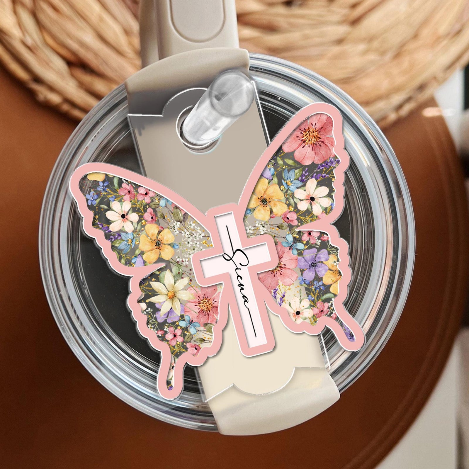 Personalized Butterfly Cross Christian Tumbler Name Tag, Christian Girls Tumbler Tag, Faith Cross Lid Tag