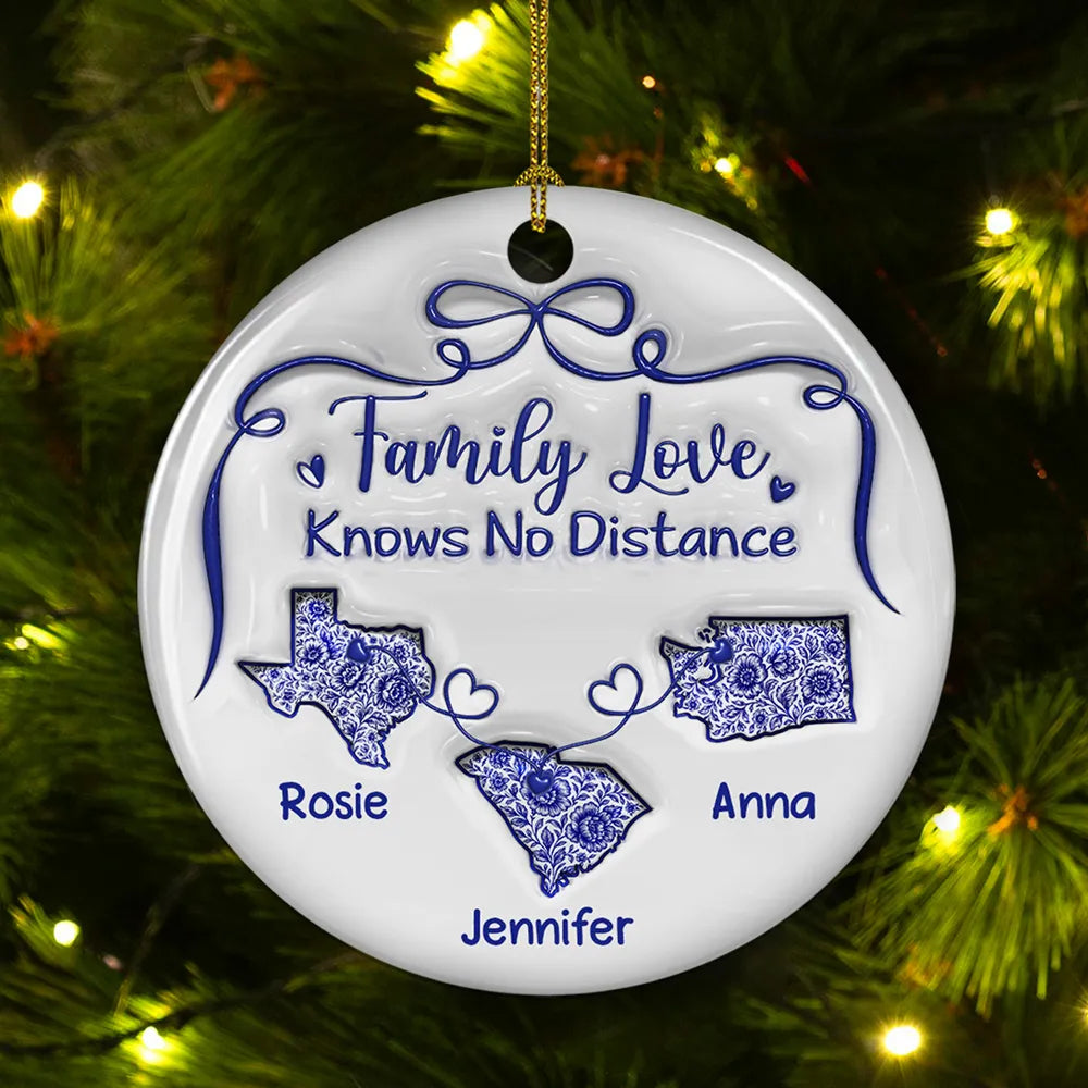 Family Love Knows No Distance Toile De Jouy - Personalized 3D Inflated Effect Ornament - Gift For Family, Christmas Gift