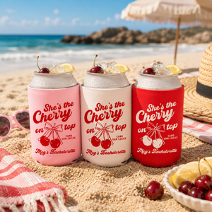 She's the Cherry on Top Bachelorette Party Can Cooler - Custom Bachelorette Party Favors - Personalized Cozies in Regular and Slim Size