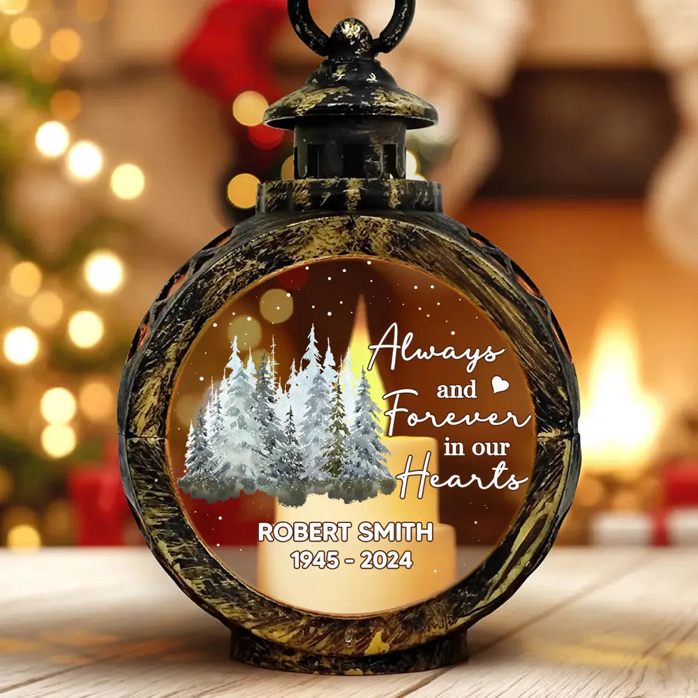 Always And Forever In Our Hearts - Personalized Christmas Lantern LED Flameless Candle - Memorial Christmas Gift For Family