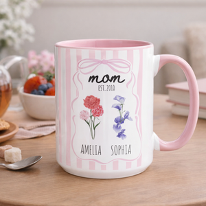 Custom Mom Mug with Kids Names, Birth Month Flower Mug, Coquette Personalized Name Mug