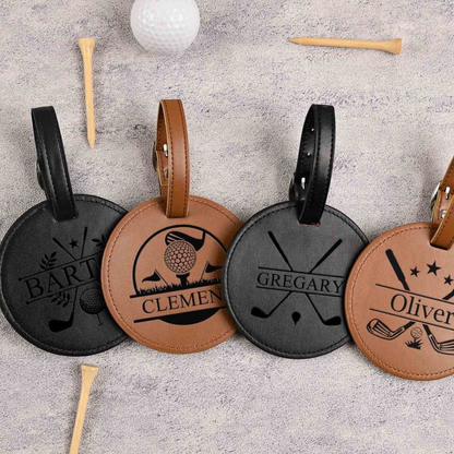 Engraved Leather Golf Bag Tag with Tees: Personalized Golf Gift