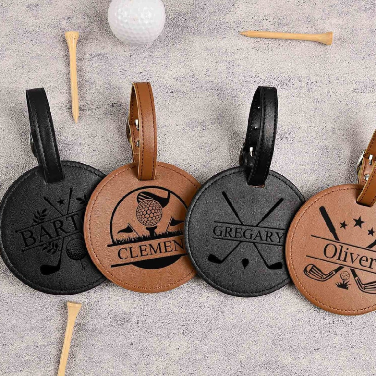 Engraved Leather Golf Bag Tag with Tees: Personalized Golf Gift