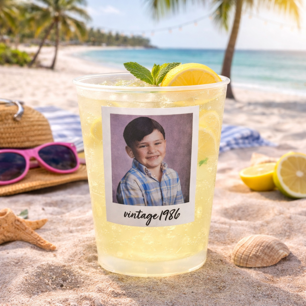 Custom Photo Cups Personalized Plastic Cups with Text for Parties, Birthday Supplies Decorations, Vintage Est Year Face Picture