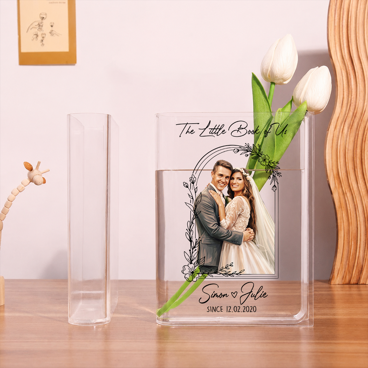 Anniversary Gifts - Custom Photo Couples Art - Personalized Journal Clear Acrylic Book Vase for Flowers, Transparent Flower Vase