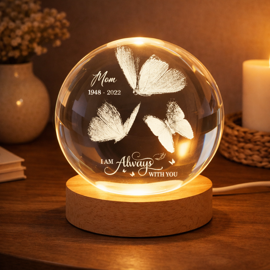 Always With You Butterflies - Personalized Crystal Ball LED Night Light - Memorial Remembrance Keepsake