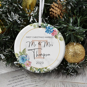 First Christmas Married Circle Wreath With Initial - Personalized Ornament - Christmas Gift