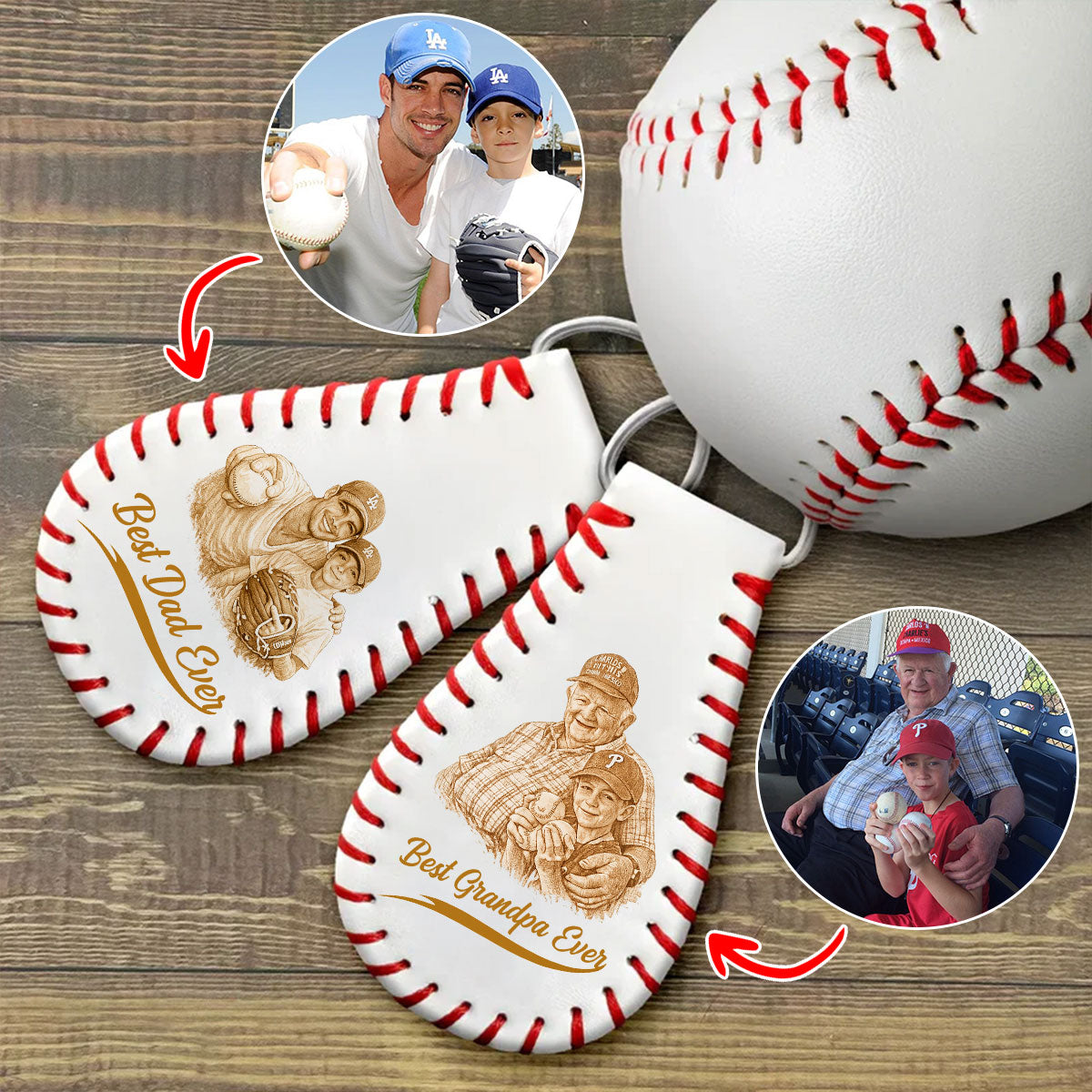 Custom Photo Pencil Drawing Engraved Best Dad Grandpa Ever - Personalized Leather Baseball Keychain
