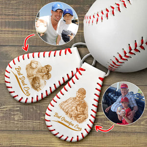 Custom Photo Pencil Drawing Engraved Best Dad Grandpa Ever - Personalized Leather Baseball Keychain