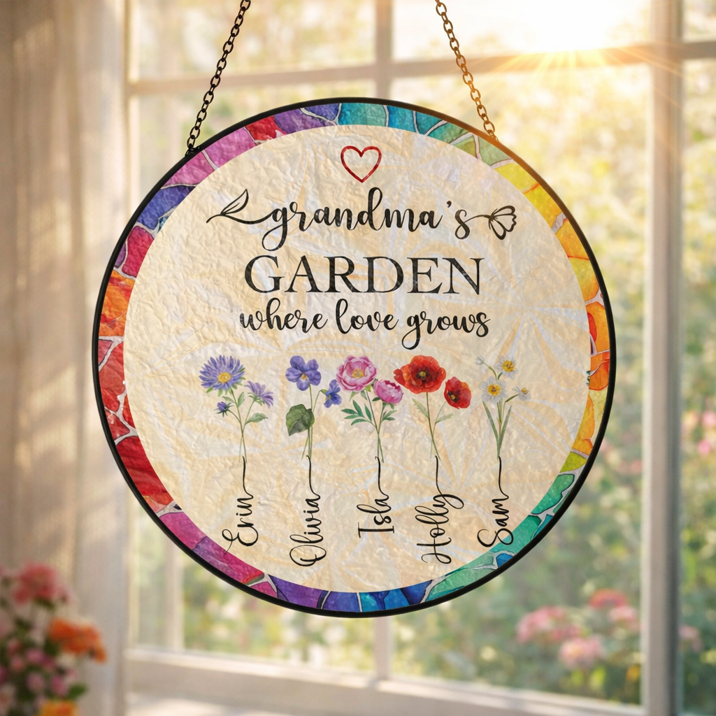 Grandma's Garden Gift - Personalized Birth Flower Stained Glass Suncatcher - Mother's Day Gift For Mom Grandma