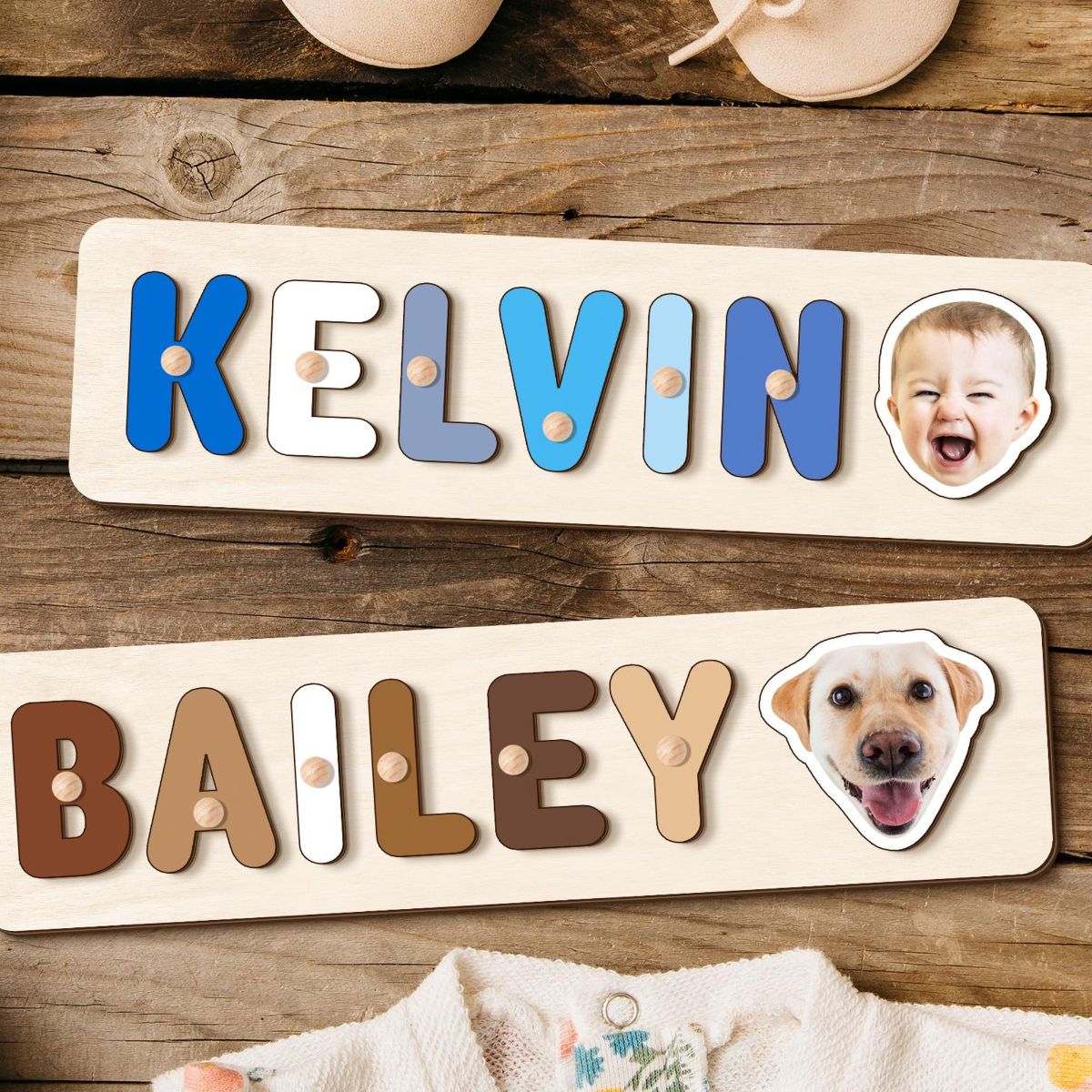 Personalized Name Puzzle for Toddlers, Custom Photo Gift, Wooden Dog Puzzle, Puppy Pet Nursery Decor, 1 2 Year Old Birthday Boy Girl Gifts