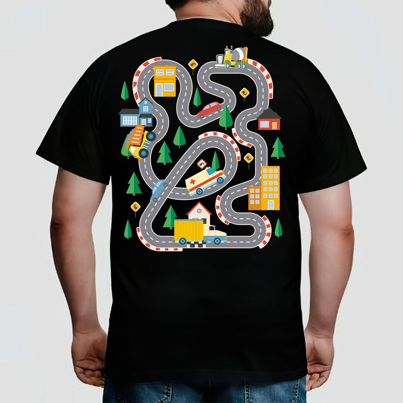 Personalized Play Car Race On Dad's Back Shirt, Custom Mat Road Car Race Track T-Shirt, Dad Mom Father's Day Family Gift, Playmat TShirt, Daddy Birthday